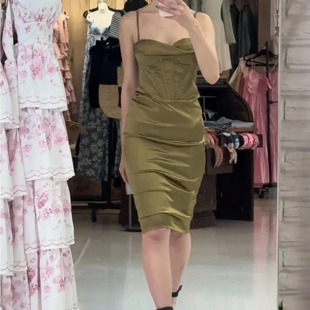 Olive green satin midi/knee length corset cocktail dress